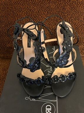Ruthie Davis Black Floral Lace-Up Heeled Sandals